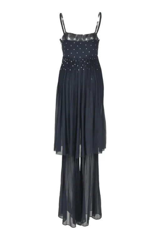Navy strass-embellished crinkle-plissé silk georgette bi-layer effect slip-on jumpsuit