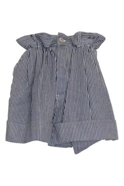 Navy striped cotton twill high-rise paperbag waist five-pocket pleated shorts with turn up cuffs