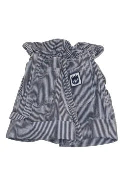 Navy striped cotton twill high-rise paperbag waist five-pocket pleated shorts with turn up cuffs