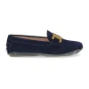 Navy suede Kate round-toe slip-on driving loafers with branded chainlink vamp buckle appliqué and signature Gommino soles
