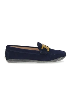 Navy suede Kate round-toe slip-on driving loafers with branded chainlink vamp buckle appliqué and signature Gommino soles