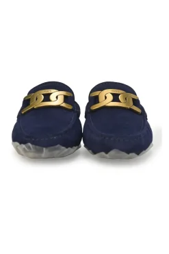 Navy suede Kate round-toe slip-on driving loafers with branded chainlink vamp buckle appliqué and signature Gommino soles