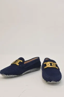Navy suede Kate round-toe slip-on driving loafers with branded chainlink vamp buckle appliqué and signature Gommino soles