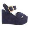 Navy suede platform wedge sandals with criss cross vamp and adjustable buckle ankle strap