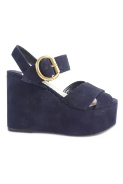 Navy suede platform wedge sandals with criss cross vamp and adjustable buckle ankle strap