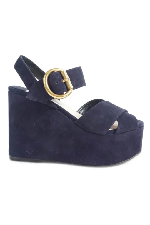 Navy suede platform wedge sandals with criss cross vamp and adjustable buckle ankle strap