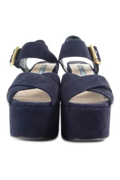 Navy suede platform wedge sandals with criss cross vamp and adjustable buckle ankle strap