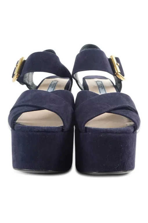 Navy suede platform wedge sandals with criss cross vamp and adjustable buckle ankle strap