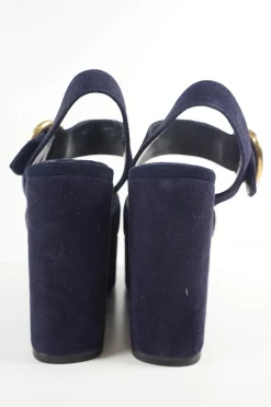 Navy suede platform wedge sandals with criss cross vamp and adjustable buckle ankle strap