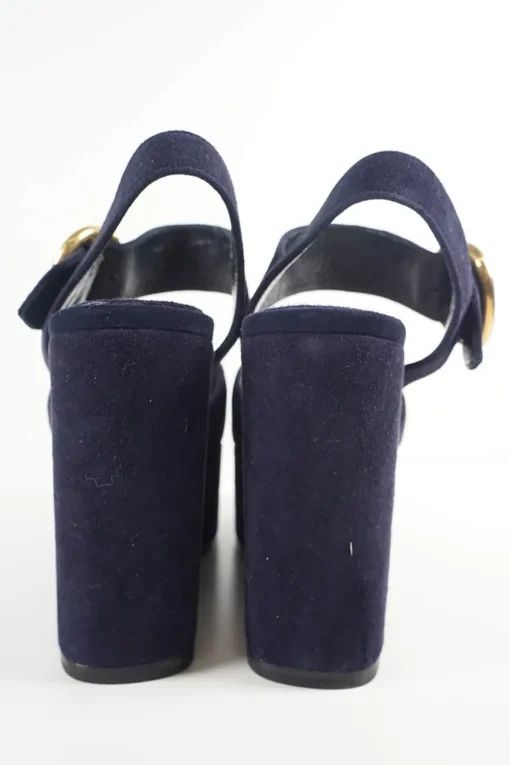Navy suede platform wedge sandals with criss cross vamp and adjustable buckle ankle strap