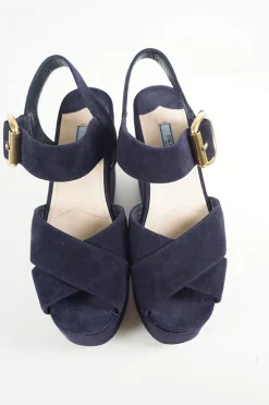 Navy suede platform wedge sandals with criss cross vamp and adjustable buckle ankle strap