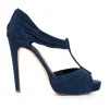 Navy suede t-strap open-toed high-heels with black patent leather accents