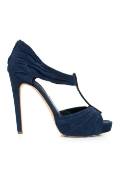 Navy suede t-strap open-toed high-heels with black patent leather accents
