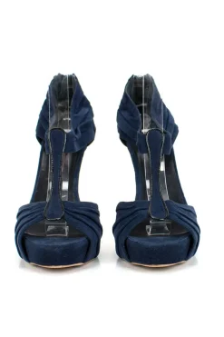Navy suede t-strap open-toed high-heels with black patent leather accents