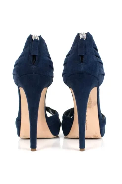 Navy suede t-strap open-toed high-heels with black patent leather accents