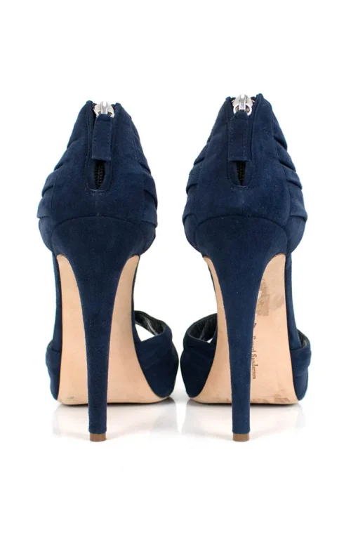 Navy suede t-strap open-toed high-heels with black patent leather accents