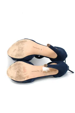 Navy suede t-strap open-toed high-heels with black patent leather accents
