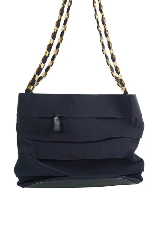 Navy Vara Tote Bag with gold metal chains and magnetic closure