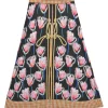 Navy viscose-blend floral print midi A-line skirt with madras gingham waistband and hem