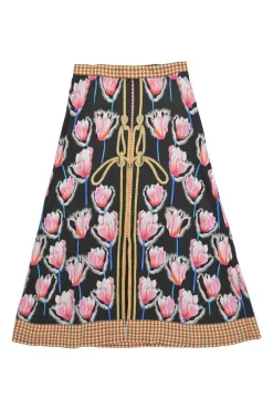 Navy viscose-blend floral print midi A-line skirt with madras gingham waistband and hem