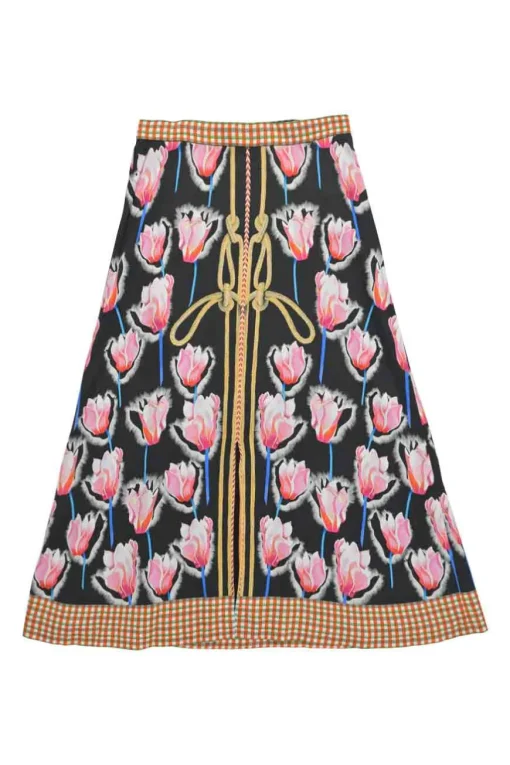 Navy viscose-blend floral print midi A-line skirt with madras gingham waistband and hem