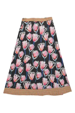 Navy viscose-blend floral print midi A-line skirt with madras gingham waistband and hem