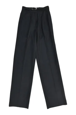 Navy wool belted straight-leg tailored trousers