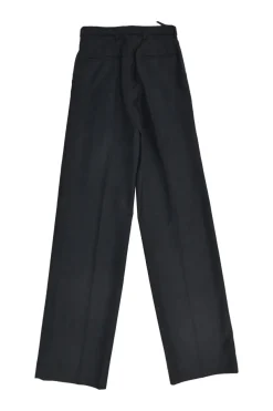 Navy wool belted straight-leg tailored trousers
