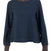 Navy wool, linen and cotton blend long-sleeved sweater with dark brown cuffs and neckline