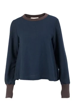 Navy wool, linen and cotton blend long-sleeved sweater with dark brown cuffs and neckline