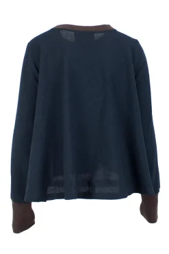 Navy wool, linen and cotton blend long-sleeved sweater with dark brown cuffs and neckline
