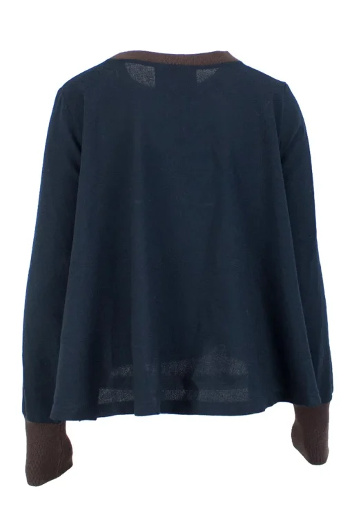 Navy wool, linen and cotton blend long-sleeved sweater with dark brown cuffs and neckline