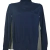 Navy wool mixed-media turtleneck pullover swing-style sweater with pleated back