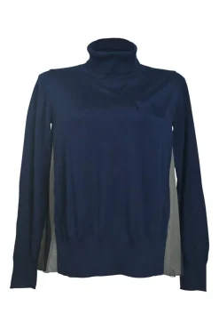 Navy wool mixed-media turtleneck pullover swing-style sweater with pleated back