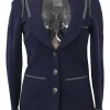 Navy wool single breasted shawl lapel tailored jacket with contrast binding details and Coco Mark shank buttons