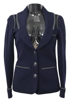 Navy wool single breasted shawl lapel tailored jacket with contrast binding details and Coco Mark shank buttons