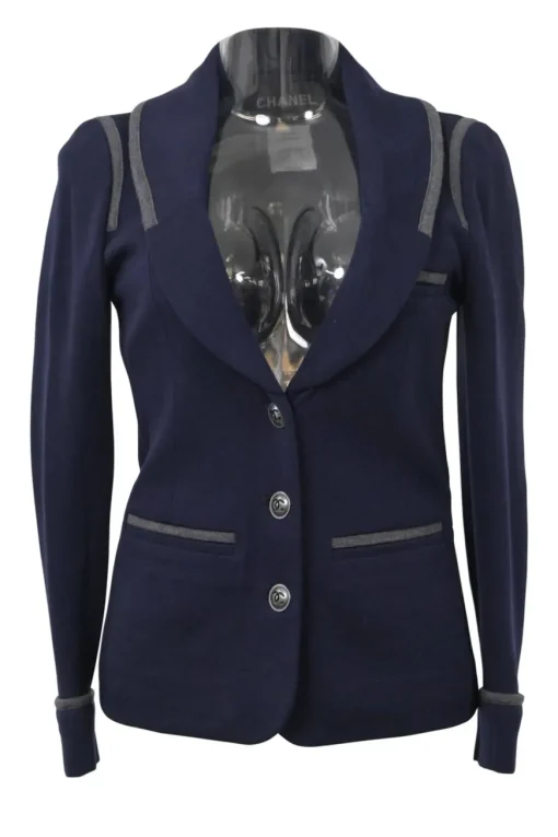 Navy wool single breasted shawl lapel tailored jacket with contrast binding details and Coco Mark shank buttons