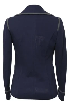 Navy wool single breasted shawl lapel tailored jacket with contrast binding details and Coco Mark shank buttons