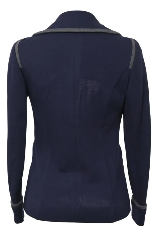 Navy wool single breasted shawl lapel tailored jacket with contrast binding details and Coco Mark shank buttons