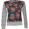 Navy wool-blend floral print striped crewneck button-back cardigan