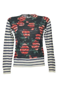 Navy wool-blend floral print striped crewneck button-back cardigan