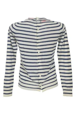 Navy wool-blend floral print striped crewneck button-back cardigan