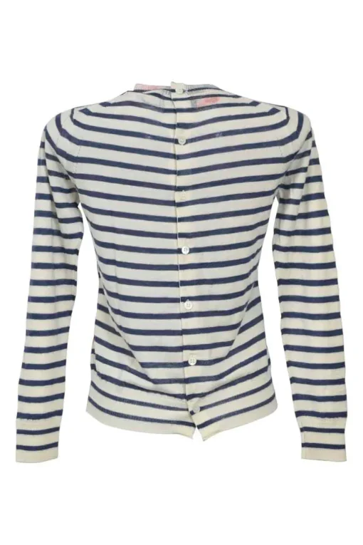 Navy wool-blend floral print striped crewneck button-back cardigan