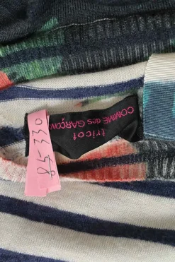 Navy wool-blend floral print striped crewneck button-back cardigan