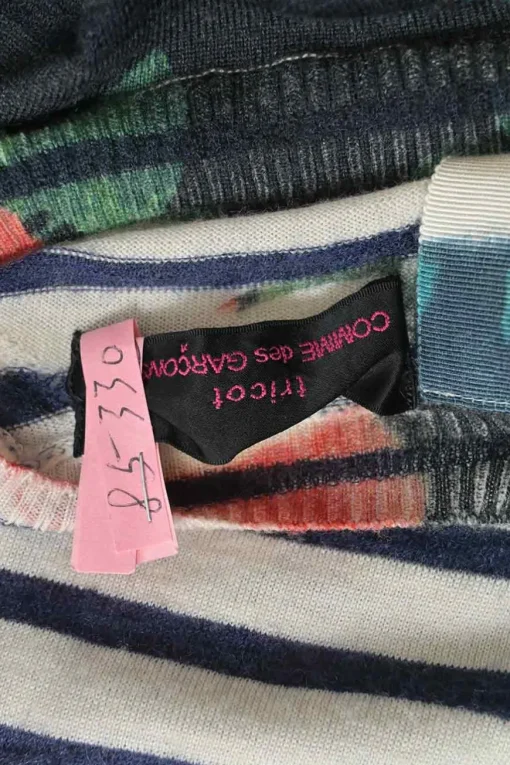 Navy wool-blend floral print striped crewneck button-back cardigan