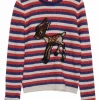 Navy wool-blend glitter stripe pullover crewneck sweater featuring deer motif at centre front