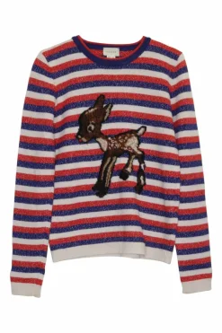 Navy wool-blend glitter stripe pullover crewneck sweater featuring deer motif at centre front