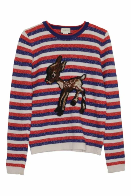 Navy wool-blend glitter stripe pullover crewneck sweater featuring deer motif at centre front