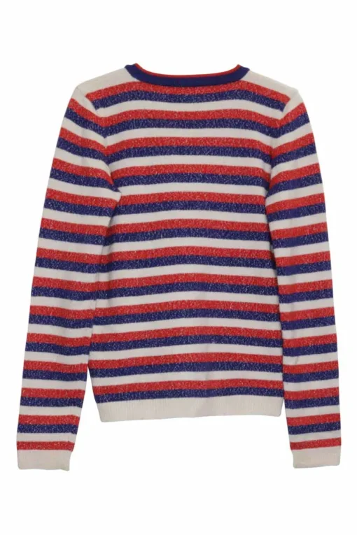 Navy wool-blend glitter stripe pullover crewneck sweater featuring deer motif at centre front