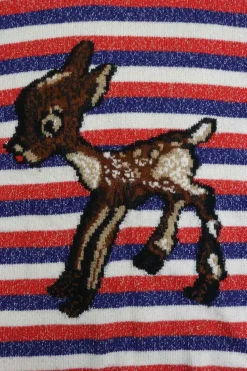 Navy wool-blend glitter stripe pullover crewneck sweater featuring deer motif at centre front